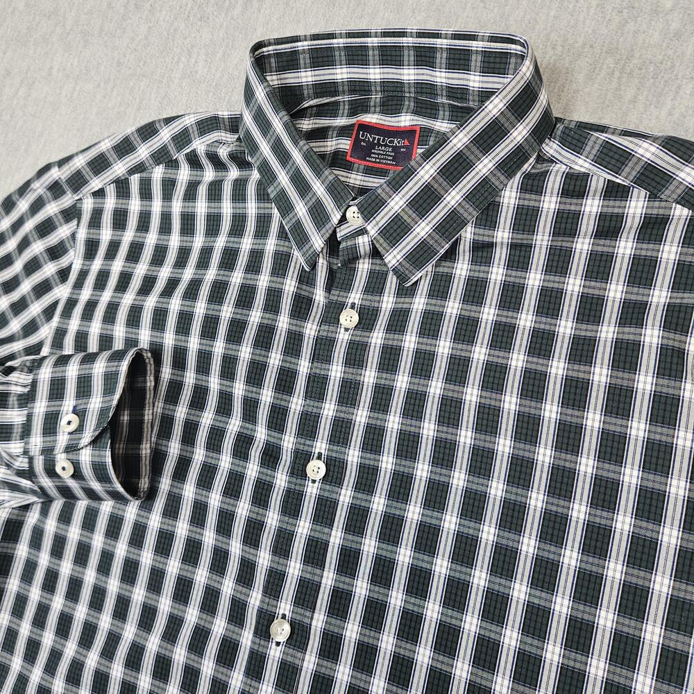 UNTUCKit Shirt Mens L Green Plaid Button-Up Wrinkle Free Cotton Long Sleeve